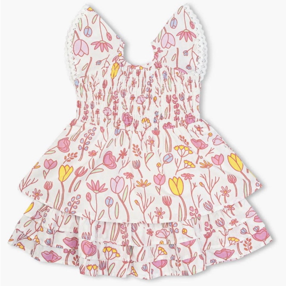 Smocked Floral Ruffle Dress with Pink and Yellow Accents